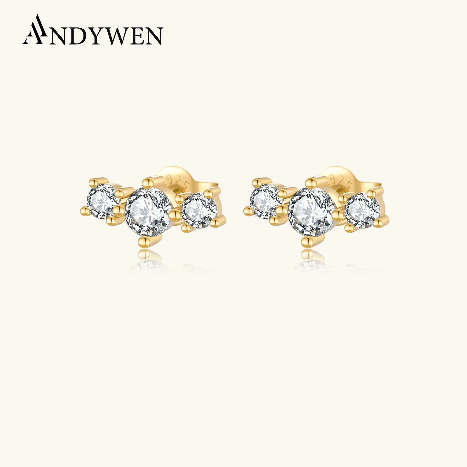 

ANDYWEN серьги-гвоздики из стерлингового серебра 925 пробы с тремя цирконами и фианитами, роскошные ювелирные изделия, новинка 2025, классические новые женские кристальные драгоценности
