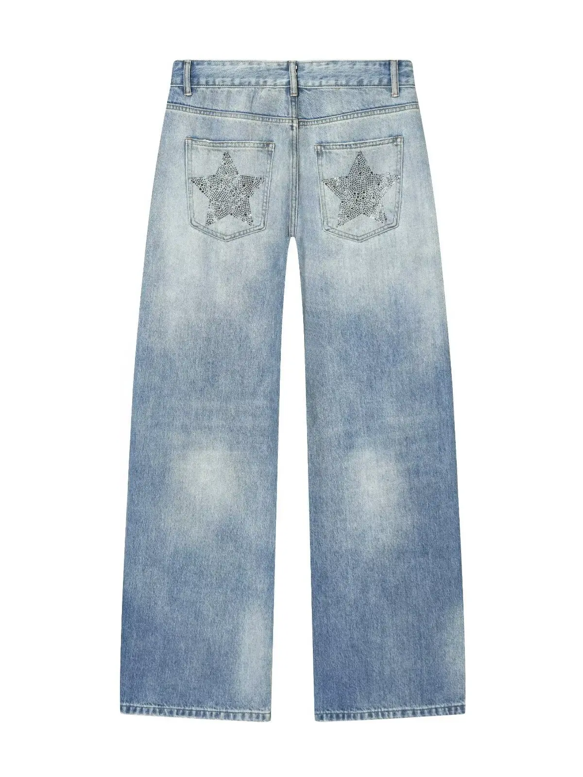 Fashionable Low-Waist Wide-Leg Denim Jeans Women's Clothing Glittering Drill Decorations Loose Fit Summer Season Polyester Fiber