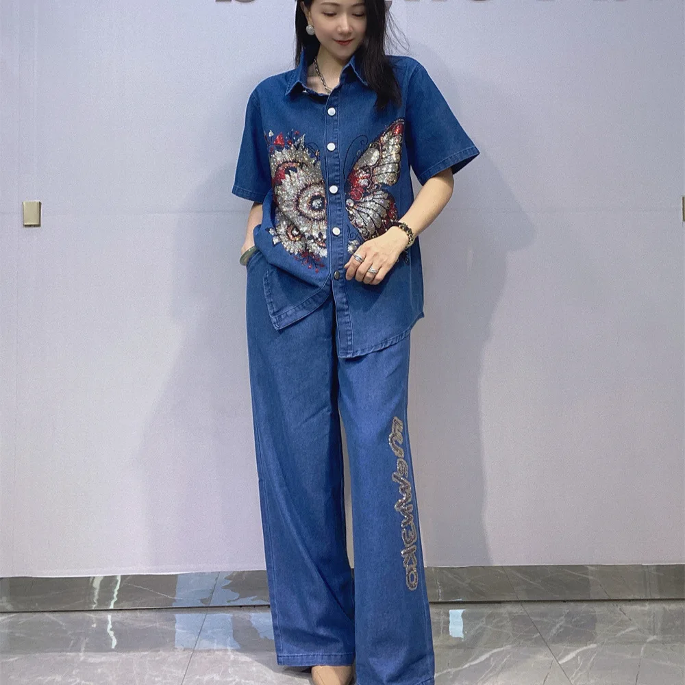 

Fashion 2 Piece Sets Womens Outfits Bufferfly Diamonds Denim Pant Set Summer Casual Cardigan Short Sleeve Cowboy Tracksuit