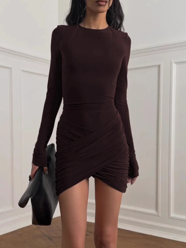 Tossy Fashion Solid Shirring Mini Dress Women Round Neck Sexy Slim Long Sleeves High-Waisted Patchwork Dress Female Mini Dress