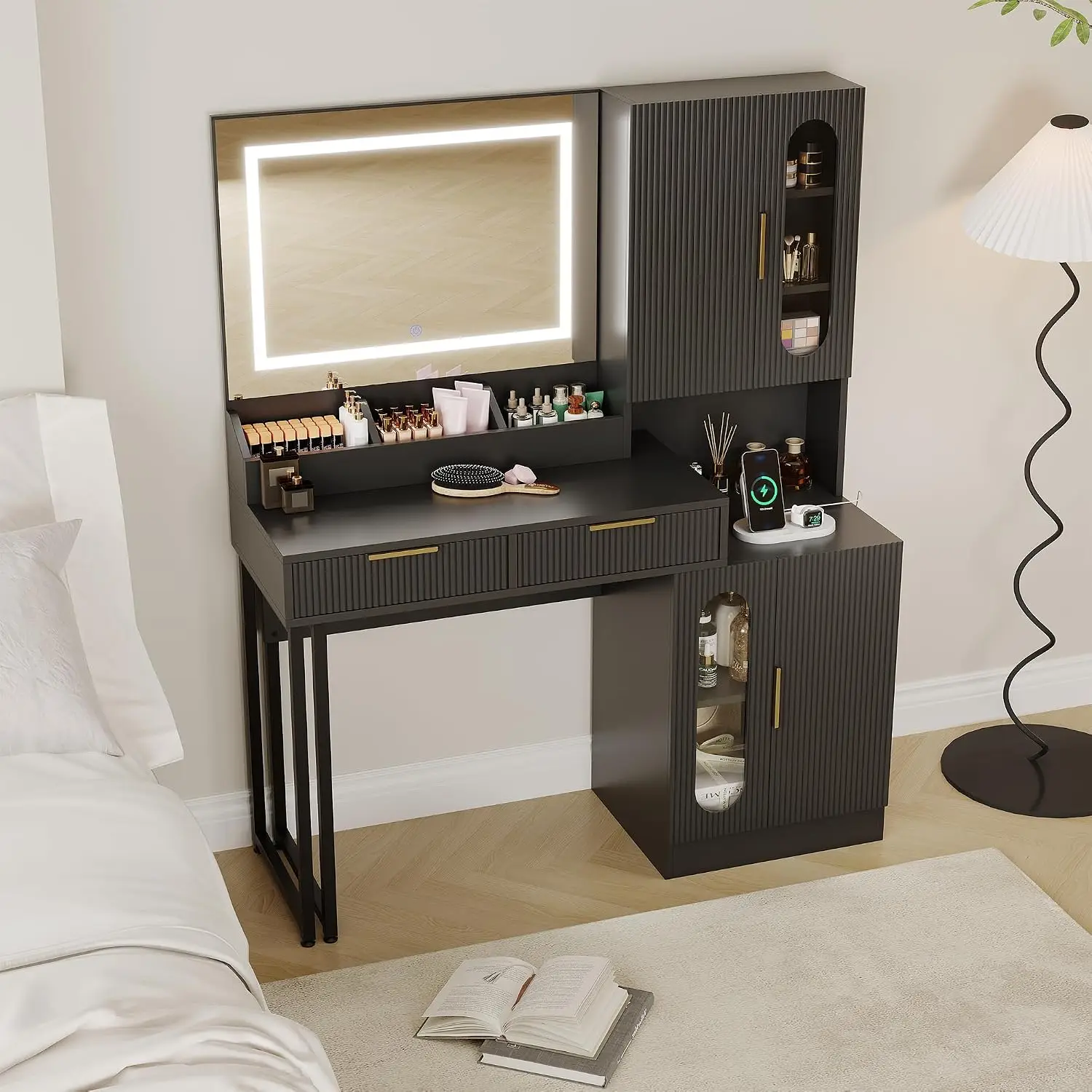 Fluted Vanity Desk with Mirror and Lights, 3 Color Lighting Modes, Customized