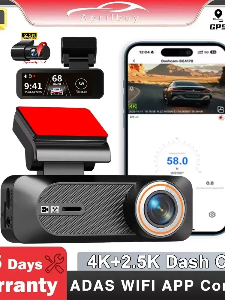 

Aprilboy Dual 4K Dash Cam, Front Rear 4K Recording, WiFi GPS ADAS Clear Night Vision