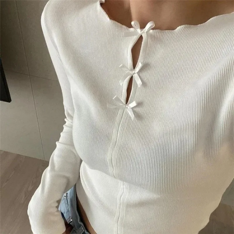 Fashion All-match Long Sleeve Knitted Tops Women Y2k E-Girl O-neck Hollow Out Bow T-shirts 2024 New Slim Fit Tee Shirt