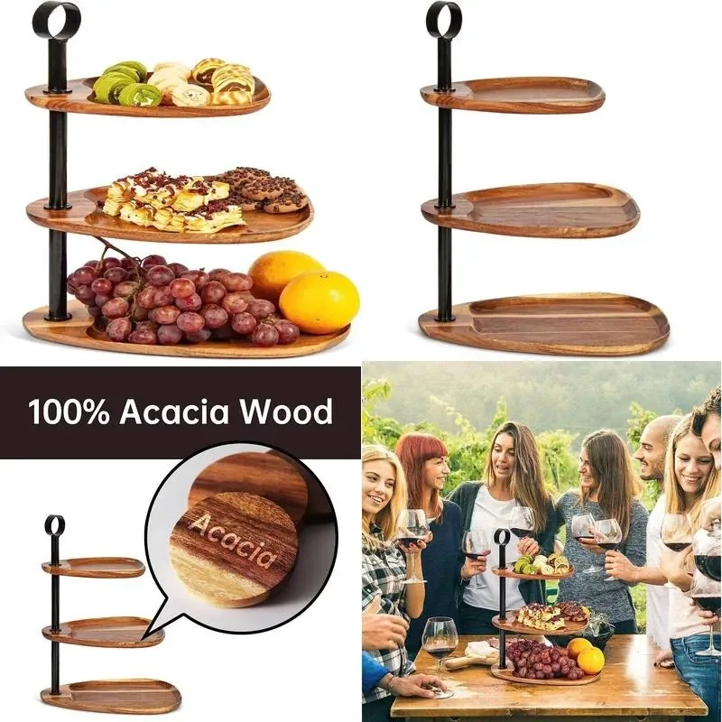 3 Tier Solid Wood Tray with Metal Handle Flat Panel Serving Platter for Cheese Vegetable Breakfast Party Home Decoration