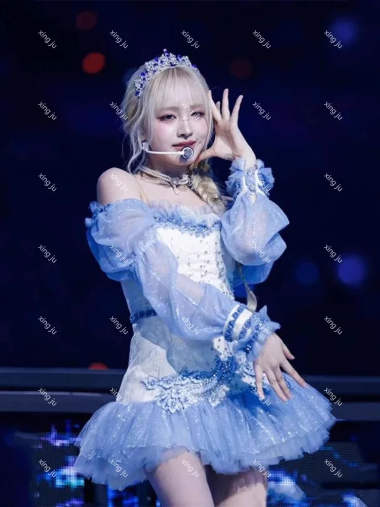 新しい韓国歌手コンサートコスプレ衣装フェスティバルストラップレスレース長袖ドレス女性 Kpop イブニングパーティーエレガントなドレス