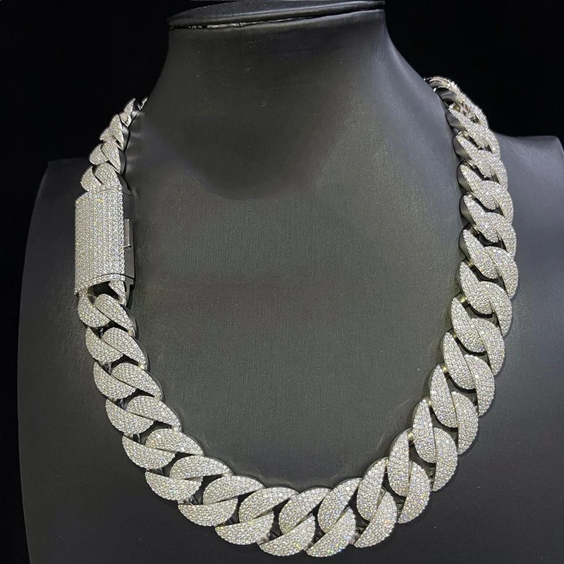 Process Jewelry 18mm 925 Silver Ice Out Mossinate Diamond Cuban Chain Necklace Men Stainless Steel Cuban Link Chain