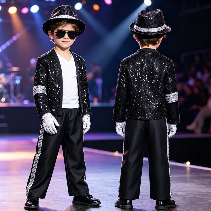 Children's Halloween Retro Party Set, Sequined Jazz Style Costume with Top Hat, Gloves, Sunglasses, Complete Set Party Dress