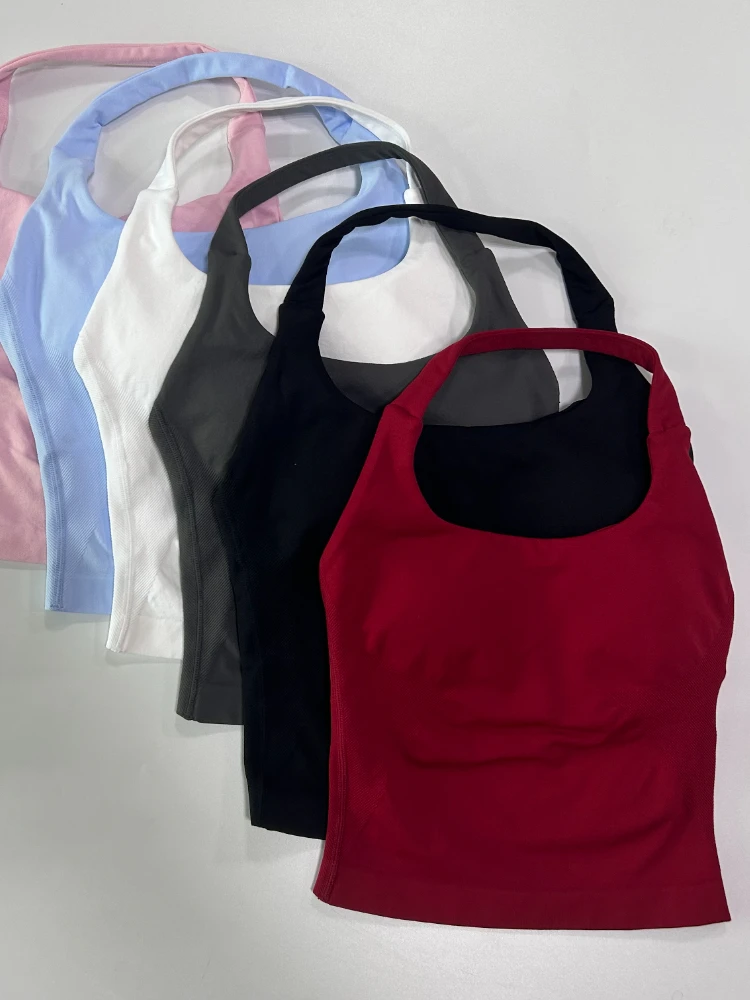 Geen logo Naadloze haltertop Backless Longline Strappy gewatteerde gymtop Dames Ingebouwde beha Afneembare cups Activewear Yoga tanktops - afbeelding 2