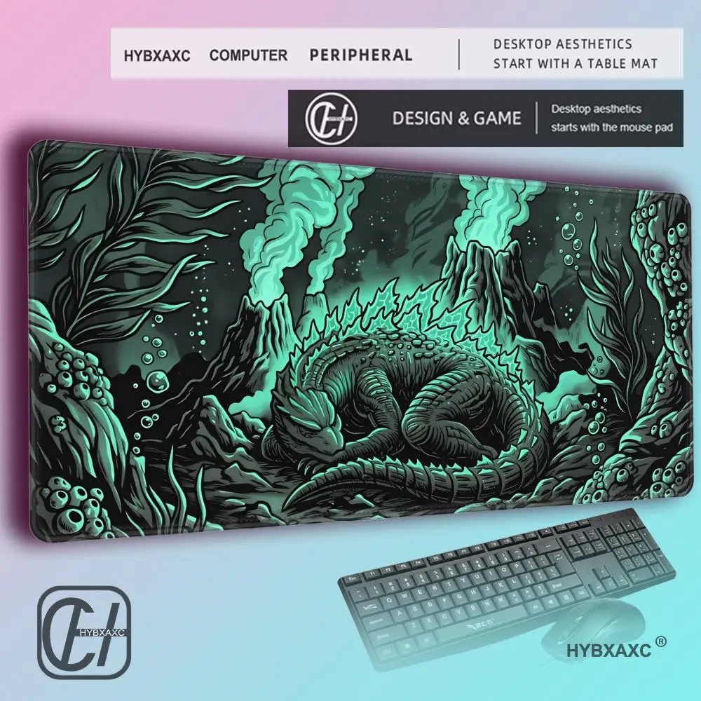 HYBXAXC Bioluminescent Kaiju DeskMat  DeepSea Sleeping Monster Extended MousePad Emerald Green ZenMat Cozy Aesthetic Tech Setup