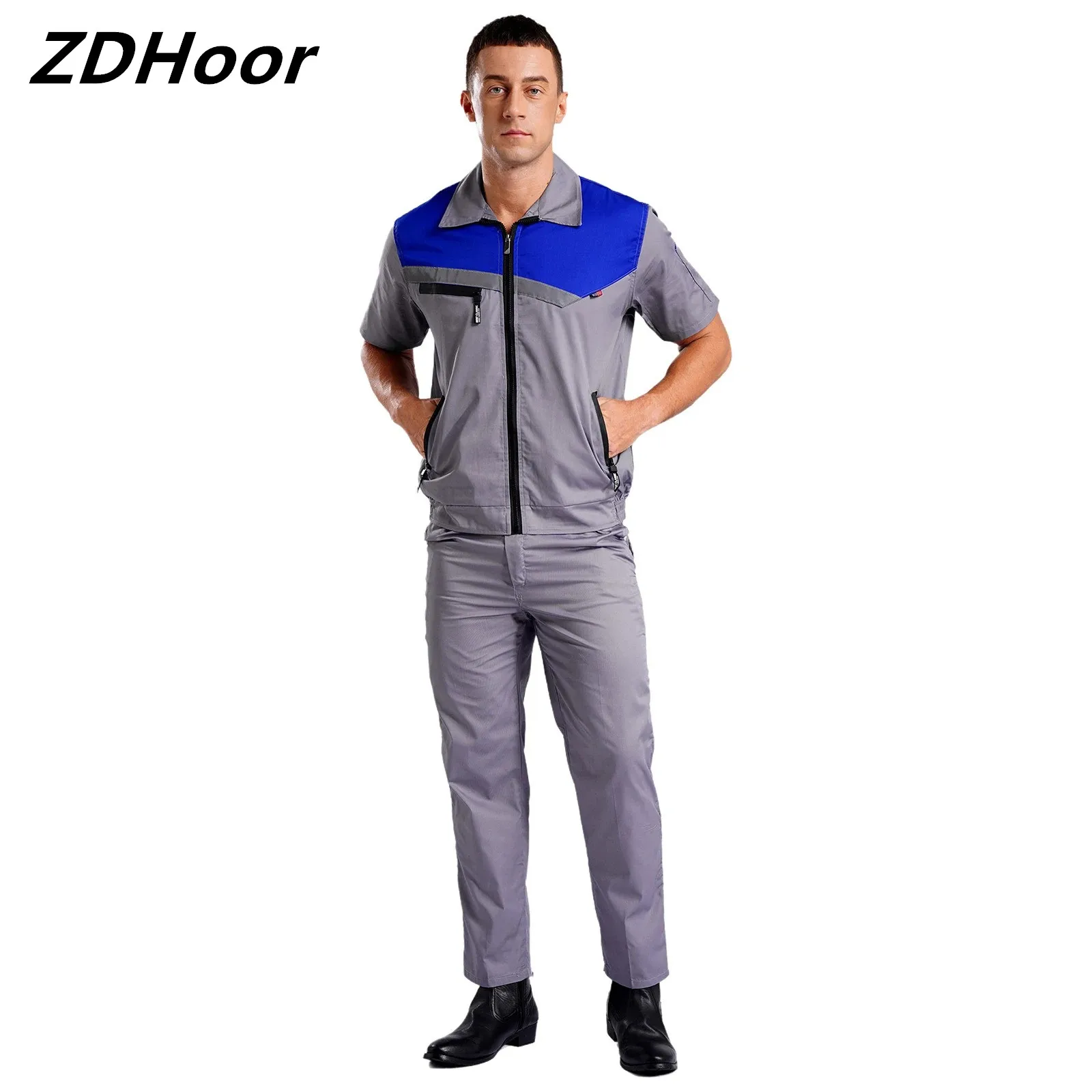 Arbeitsoutfit für Herren und Damen, verschleißfest, kurzärmelig, reflektierende Streifen, Jacken, Oberteil und Hose, Overalls, Latzhose