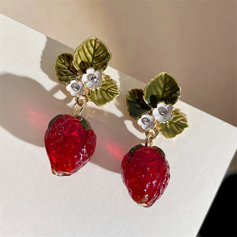 Korean Style Red Strawberry Dangle Earrings For Women Cute Rabbit Flower Peach Blossom Leaf Bamboo Earring Girls Party Jewelry