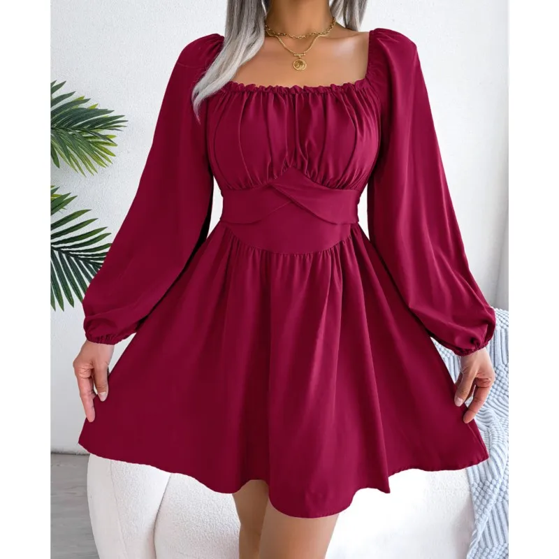 Spring And Summer Casual Solid Color Wood Ear Fungus Edge Square Collar Waist Cinching Big Swing Dresses Women's Clothing