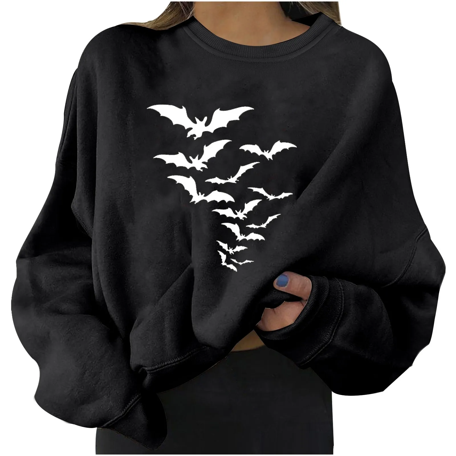 Ladies Bat Print Halloween Hoodie Crewneck Long Sleeve Warm Hoodie Without Hoodie Temperament Beautiful Comfortable Hoodie