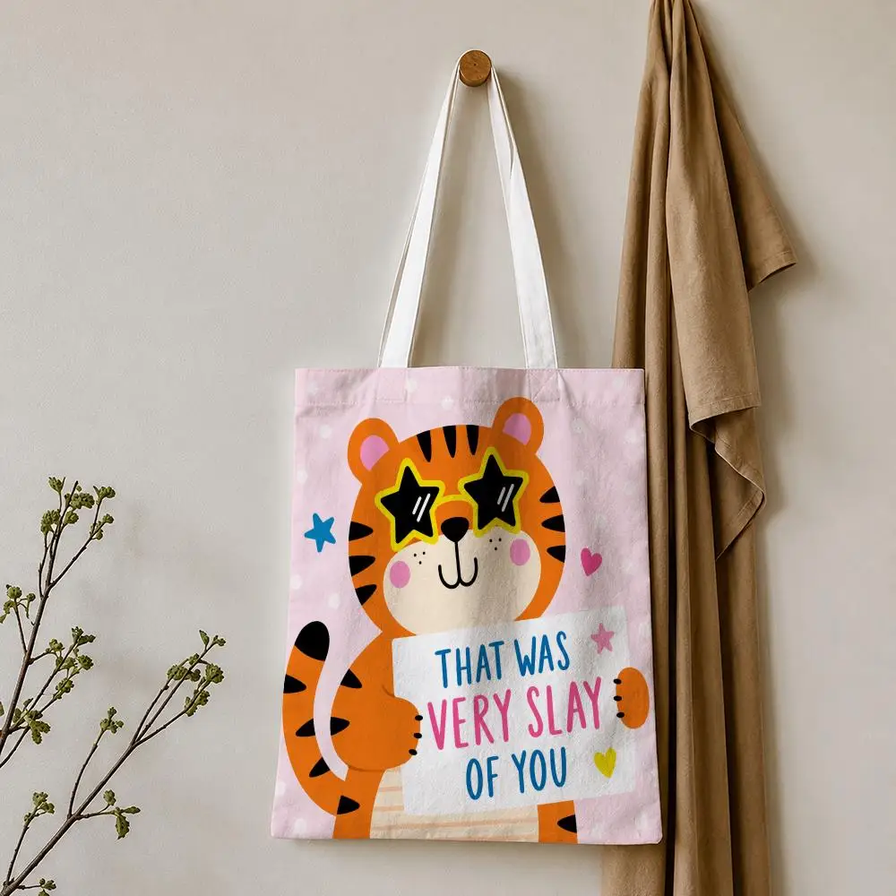 Cute Animal Affirmations Storage Bags Tote Bag Reusable Shoulder Shopping Foldable For School Work Travel Daily Use