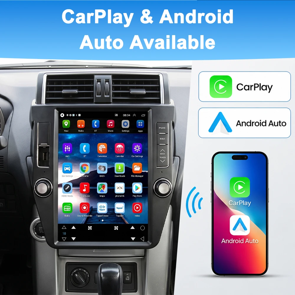 12.1 Inch Car Android 15 Navigation with CarPlay Octa Core 4+64G 5G for Toyota Land Cruiser Prado 2014-2017 Base Trim Multimedia