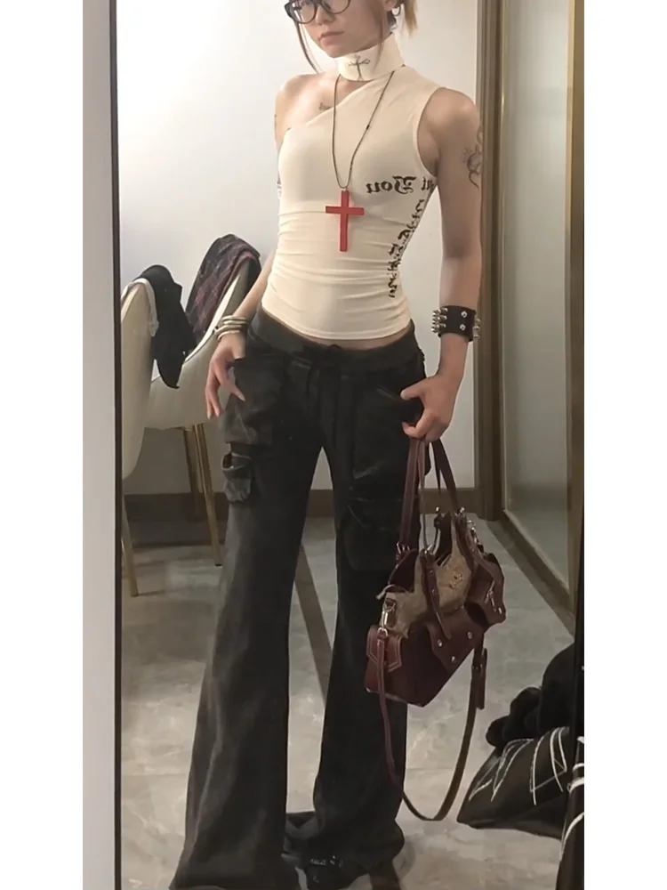 Street Sle American High Street Crossbody Vest Women Summer New Slim Fit Sexy oulder Bared Svel Strap Top