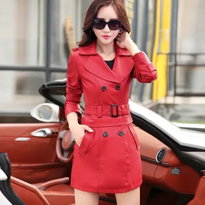 

Women's Biker Sle Jaet Spring Autumn Medium Long Detachable Leather Coat Slim Fit Synthetic Leather Long Sve Suit Collar