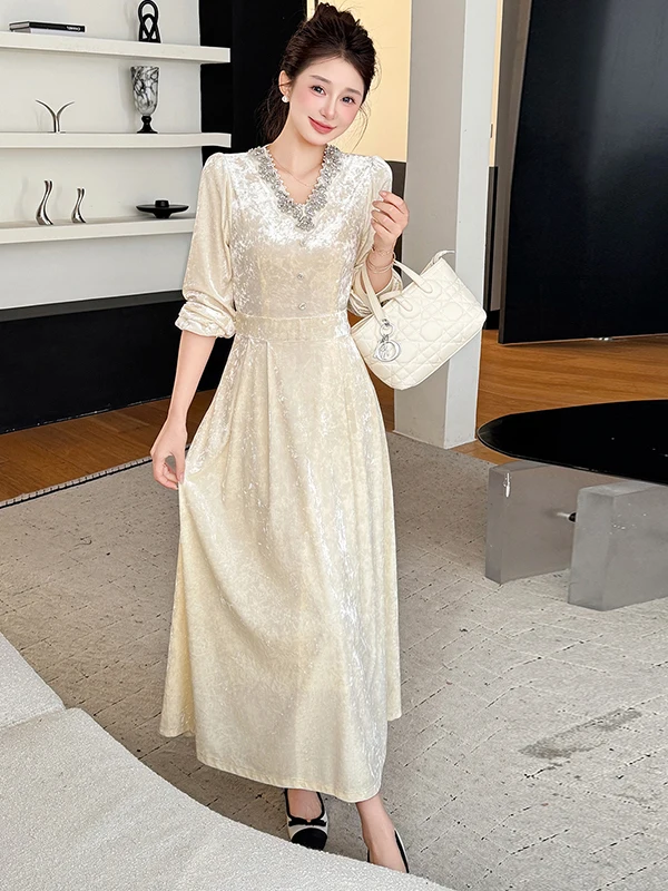 

Velvet Dr with Beads High Waist Slimming Long Sve V-Ne A-Line Skirt for Women Autumn Winter Faion Sle