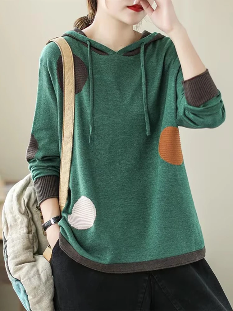 Amax luluE 2024 Winter Women Loose Patchwork Sweaters European Style Ladies Casual Hooded Design Jumpers Vintage Street Pullover