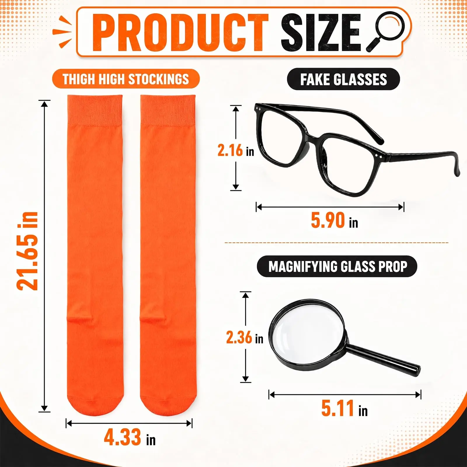 Orange Knee Thigh High Socks Stockings Women Halloween Costume Cosplay Prop 3 Pcs Set | Fake Glasses & Magnifying Glass | Detective Cosplay | Stretchy Fit | Adult Halloween Costumes & Accessories