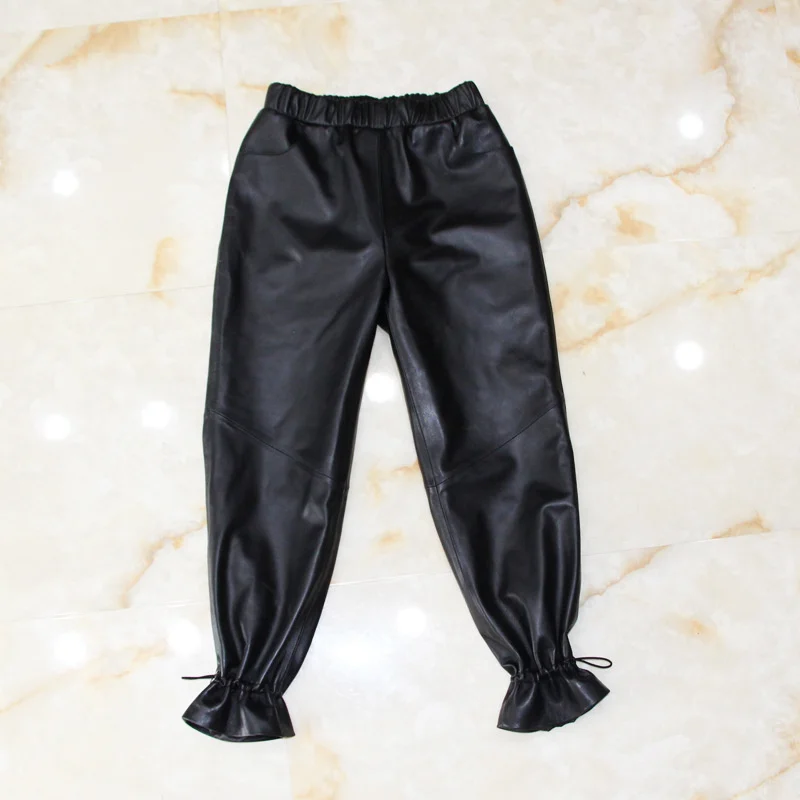 

Leather cuff Genuine M-XL Women pants Sheep skin pencil pants Female high wasit black color was thin Pants wq1377 dropship