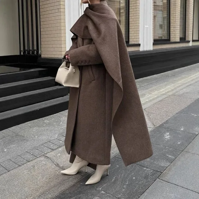 2025 Autumn Winter New Camel Color Scarf Collar Cape Coat Long Retro Fashion Loose Slim Fit Elegant Outerwear