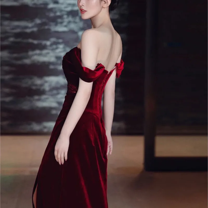 off-Shoulder Toast Clothing Wine Red Velvet Light Luxury Dress Female Banquet Host