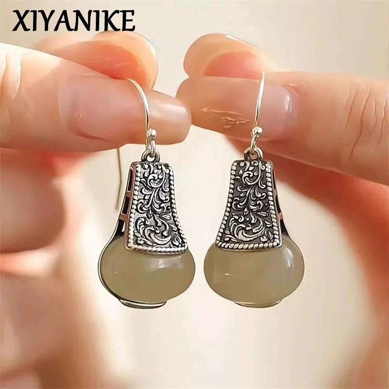 XIYANIKE Retro Tang Grass Pattern Imitation Hotan Jade Earrings For Women Ethnic Fashion New Jewellry Gift Party серьги
