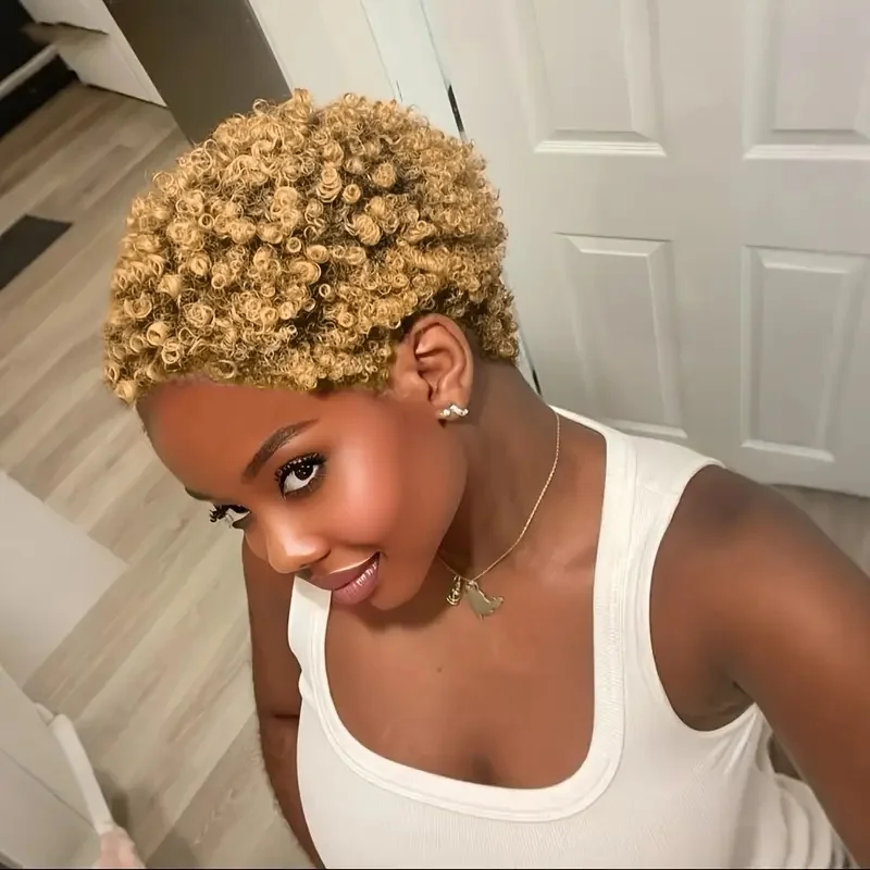 짧은 곱슬머리 인모 풀머신 메이드 가발 매일 사용을 위한 곱슬곱슬한 가발