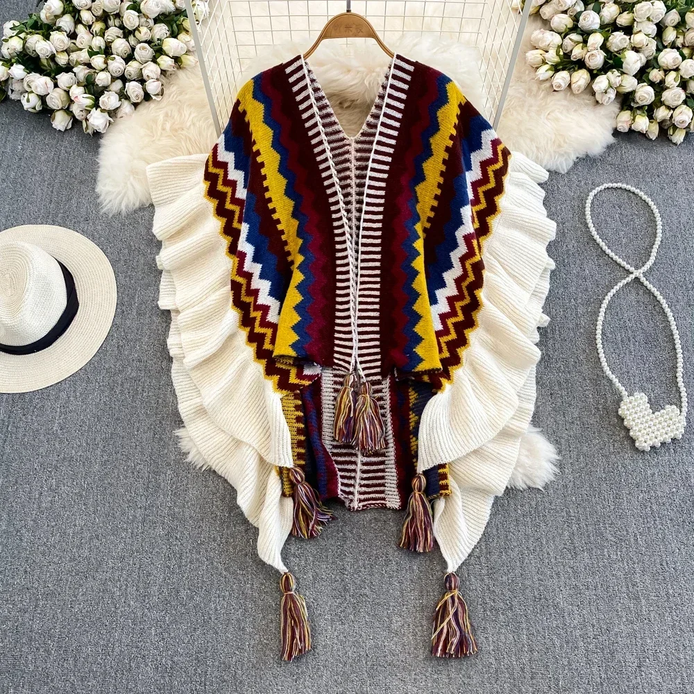 Ethnic Style Knitted Cardigan Women Ruffles Striped Tassel Female Sweaters Ladies Bohemia Holiday Autumn Cardigans Dropshipping