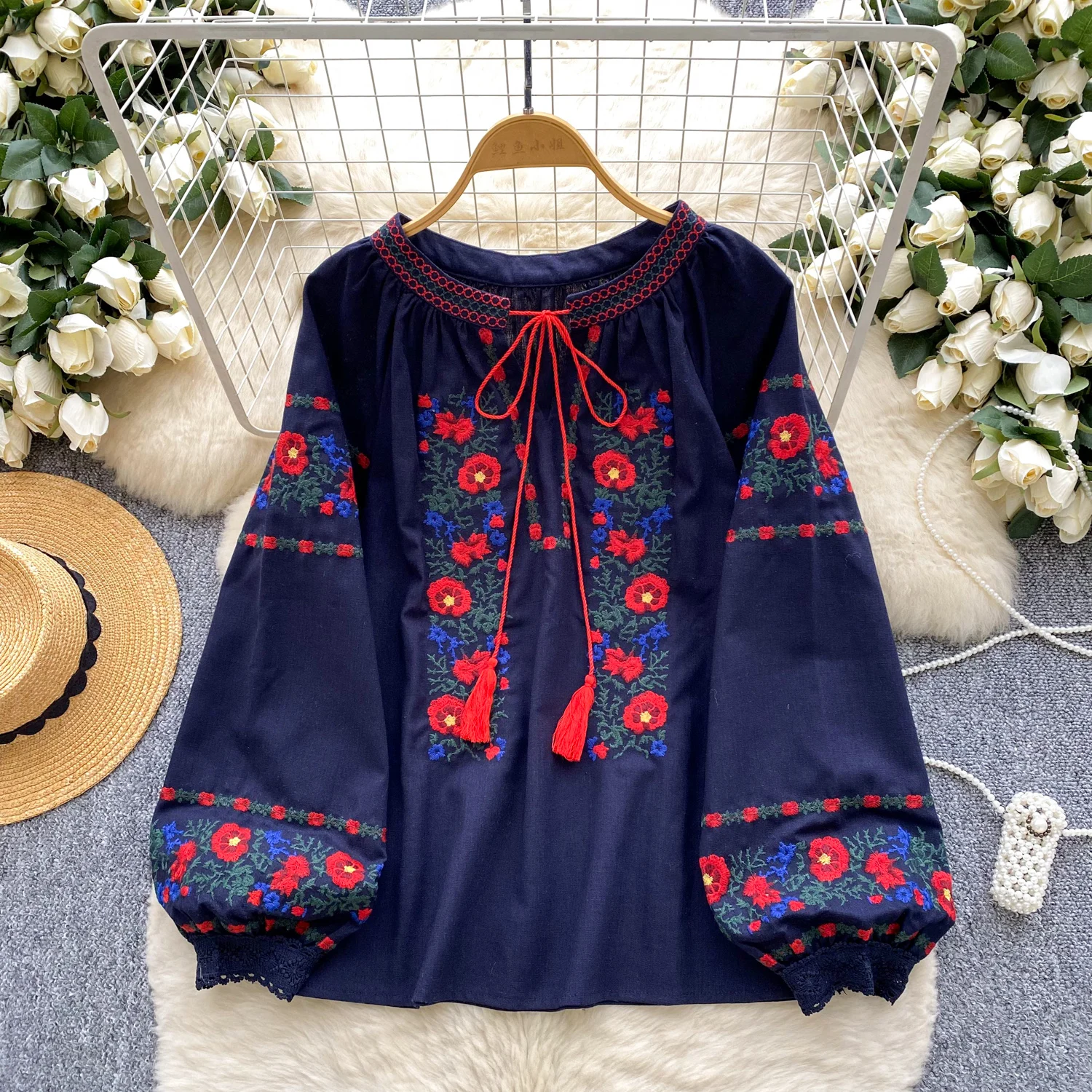 ヴィンテージセクシーな O ネックプリント長袖ブラウスエレガントな韓国ファッショントップ秋の女性のシャツ