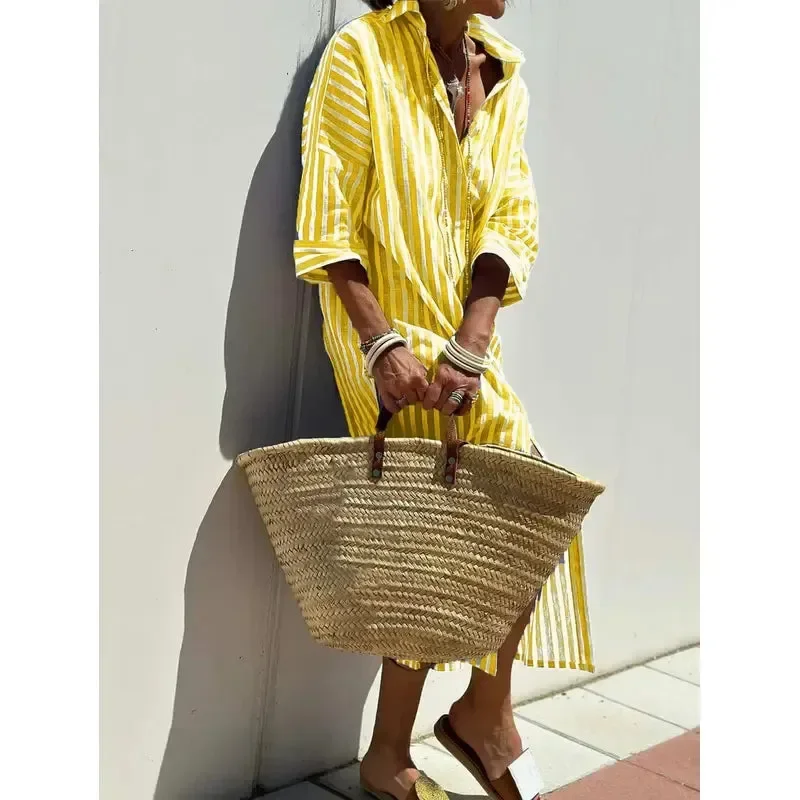 Gestreepte split-shirtjurk met halve mouwen, losse jurk, hoge taille, zomermode