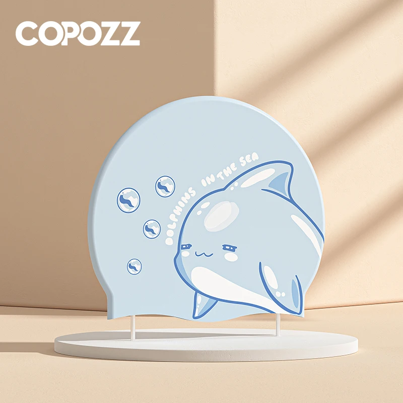 COPOZZ Badekappe für Kinder, wasserdicht, elastisch, Silikon, Schwimmbadkappe, Gehörschutz, Cartoon-Schwimmhut für Jungen und Mädchen