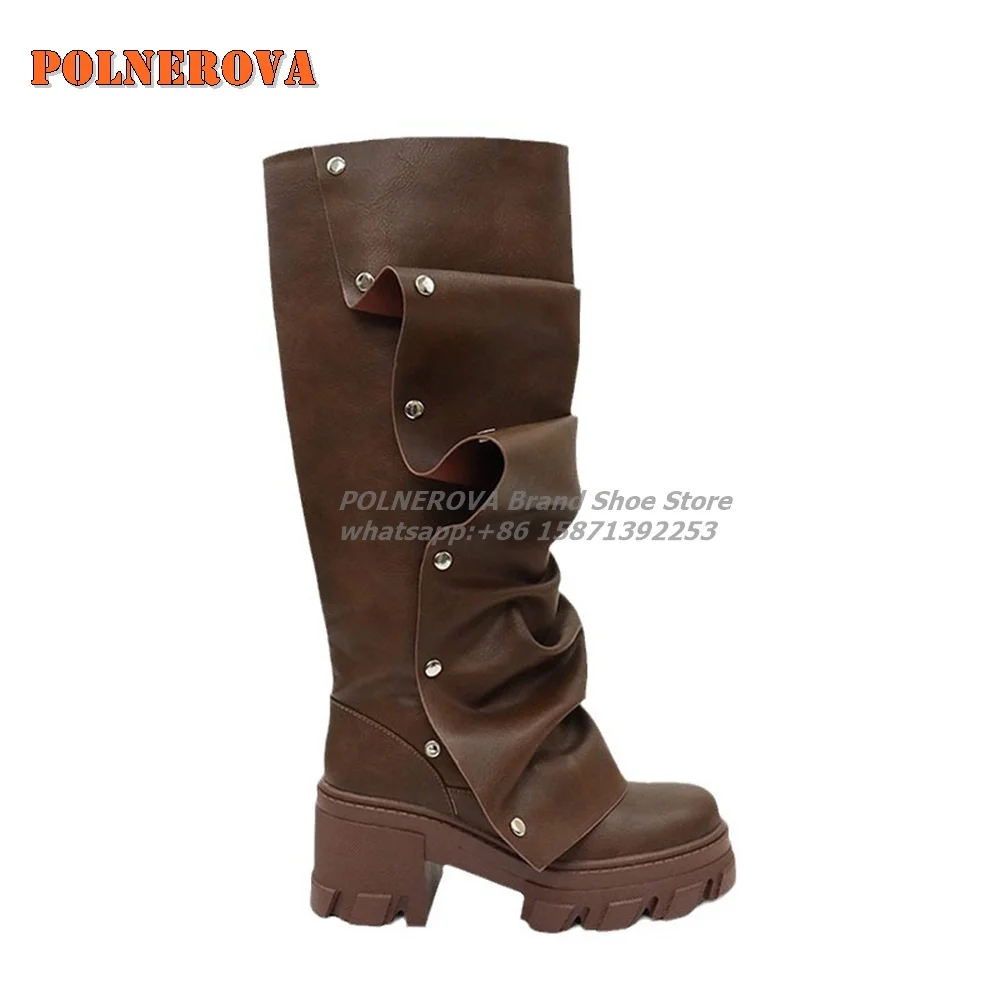 Rivet Wide Calf Ruched Slouchy Boots Round Toe Tank Soled Fold Down Pleated Brown Knee-High Boots Plus Size Sexy Fashion Shoes