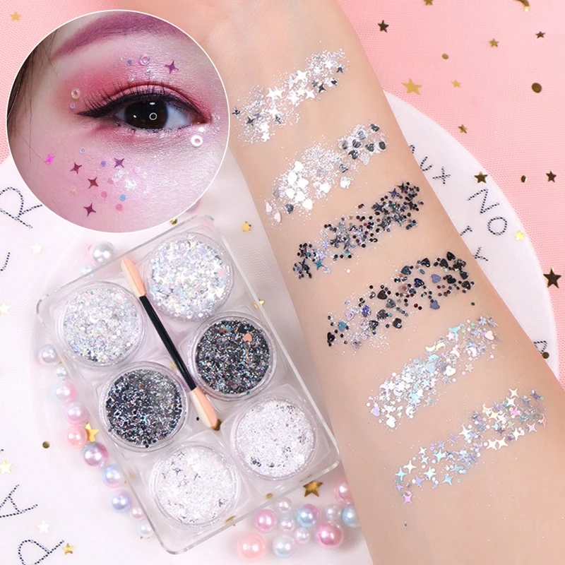 6 potten/set oogschaduw glitter gel crème gezicht haar lichaam nagel glitter gel hart ster maan losse pailletten festival make-up