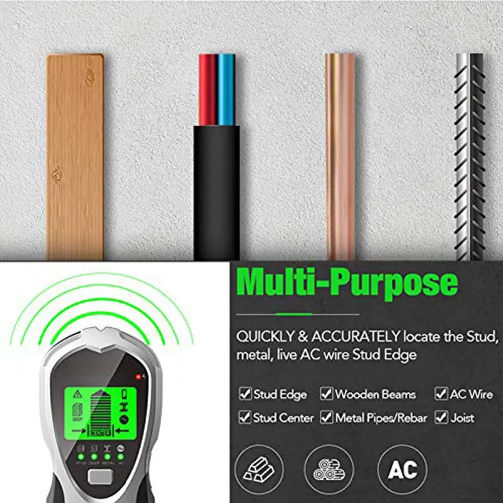 Rilevatore di Montanti 4 in 1 con Allarme Acustico, Scanner da Parete per Localizzazione Rapida e Precisa di Montanti Metallici e Cavi AC