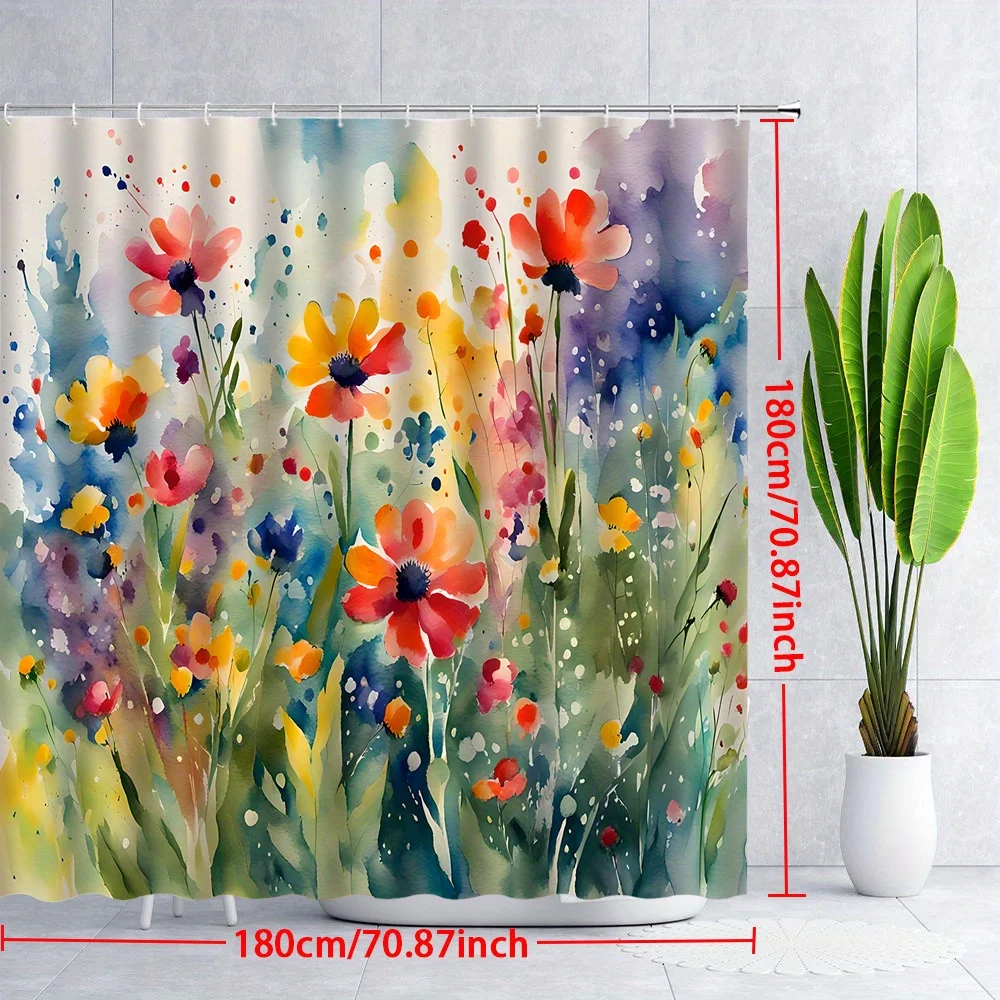 1pc Lush Meadow of Colorful Poppies Shower Curtain, Vibrant Watercolor Style with Red, Orange, and Purple Blooms, Whimsical Natu