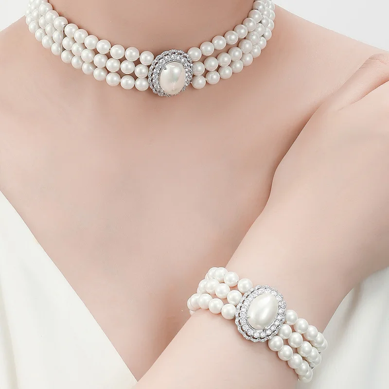 

New Arrival French Retro Luxury Pearl Jewelry Set High-end Beaded Necklace Bracelet Trendy Women Accessories