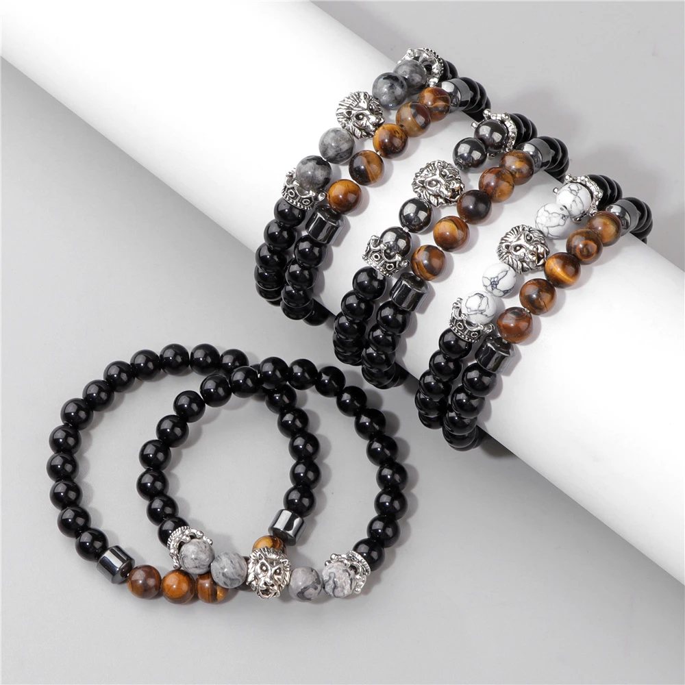 Silver Color Lion Head Bracelets For Men Black Onyx Tiger Eye Stone Beads Bangles Crown Charm Bracelet Fashion Jewelry Plusera