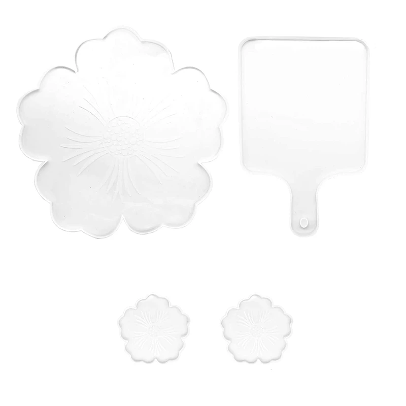 Coaster Molds Set Of 4,Flower Shaped Tray Casting Silicone Mold Square Shaped Coaster Molds For Home DIY Coaster Making