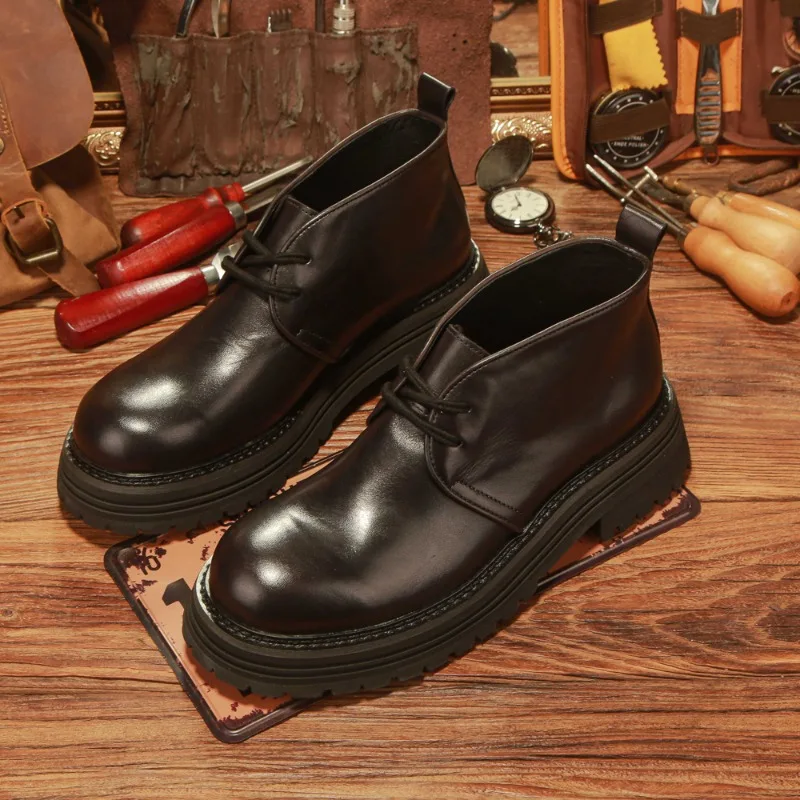 British Style Men's Boots High Top Retro Cowhide Outdoor Hiking Casual Chelsea Ankle Boots Male Work Shoes Genuine Leather