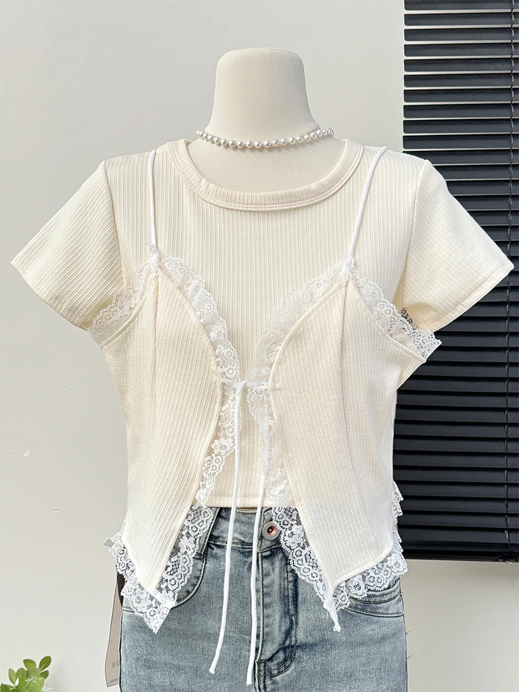 2024 Summer Two Piece Set O Neck Short Sleeve T Shirts Lace Patchwork Tanks Solid Color Crop Tops All Match Women\'s Clothing