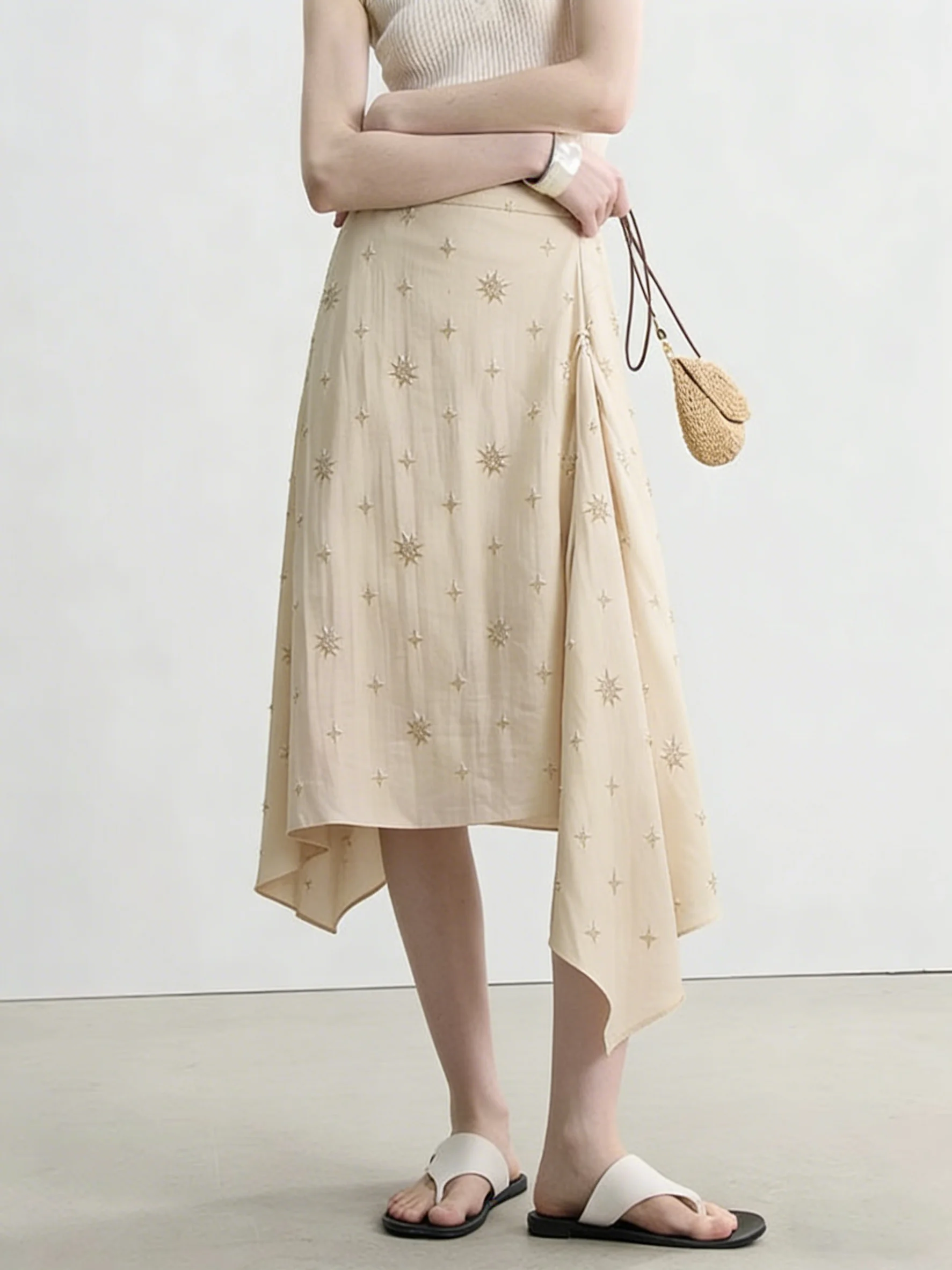 

Асимметричная юбка А-силуэта из смесовой ткани цвета абрикос, женская, весна 2026, новинка, маленький размер, в стиле Miu, повседневная, с высокой талией