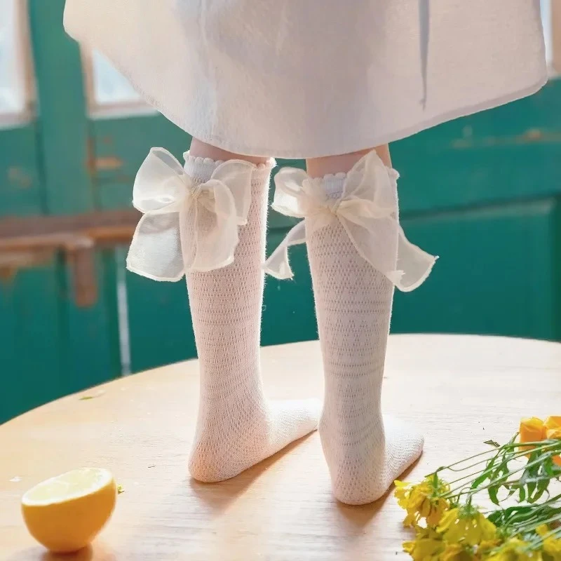 Summer Ultra-thin Bow Ribbon Calf Sock for Kids Girls Jacquard Korean Fashion Bow Ribbon Children Soft Comed Cotton School Socks