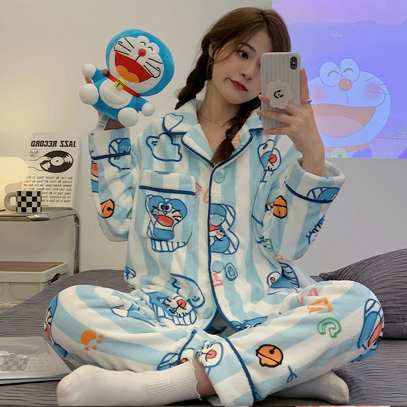 Warm Winter Women\'s Pajamas Home Clothes Sleepwear Ladies Flannel Thick Coral Fleece Cute Cartoon Large Size 2XL Pijama Пижама