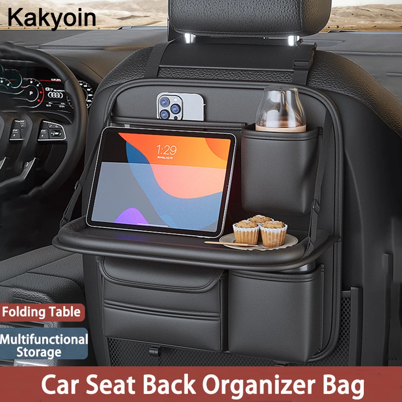 Car Seat Back Organizer PU Leather Auto Storage Bag with Foldable Table Tray Tablet Holder Tissue Box Car Interior Accessories