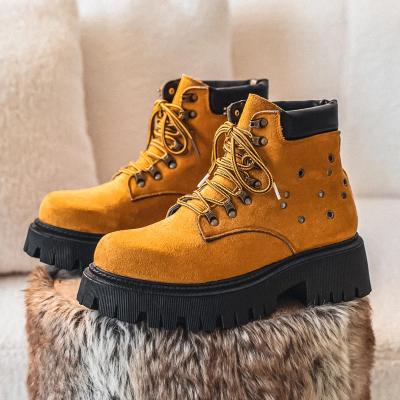 

Street Style Metal Men's Biker Boots High Top Motorcycle Shoes Men Brown Work Shoes Man Comfy Suede Boot Platform Designer Boots