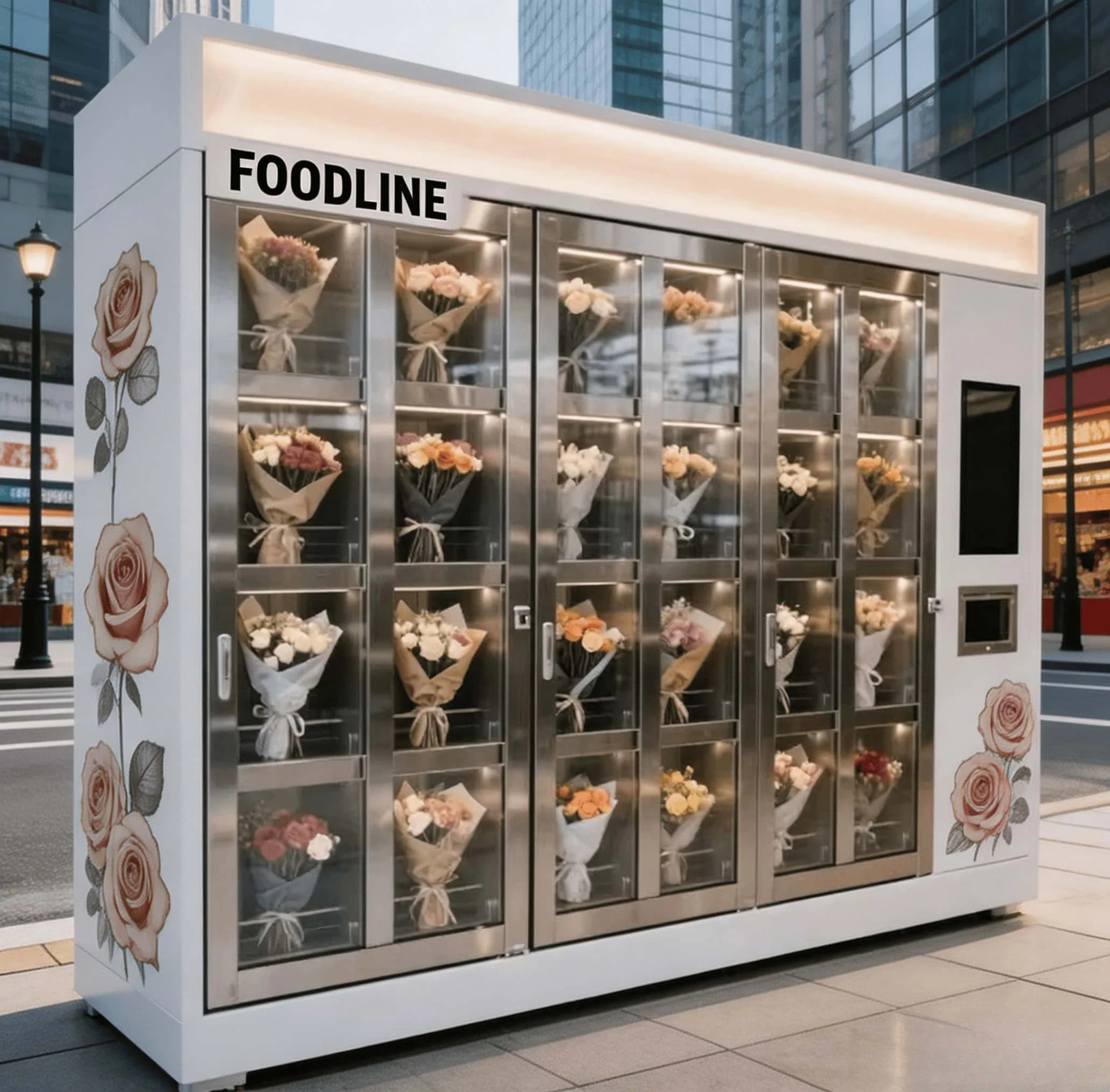 FOODLINE Resort Area Flower Vending Cabinet Large Display Screen Constant Humidity Preserve Fresh Flower Bouquet Device