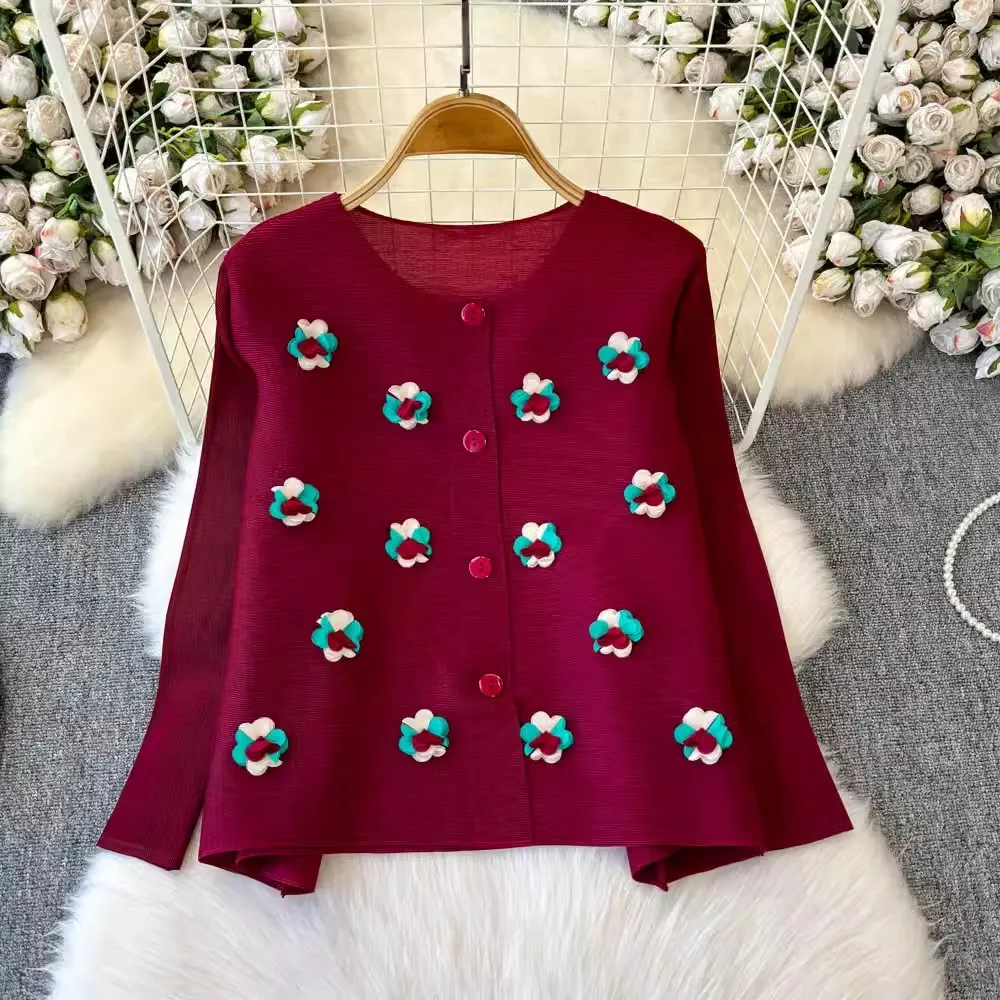 Elegant Appliques Flower Miyake Pleated Shirts Women O-Neck Long Sleeve Fashion All-match Casual Loose Cardigans Chiffon Tops view 4