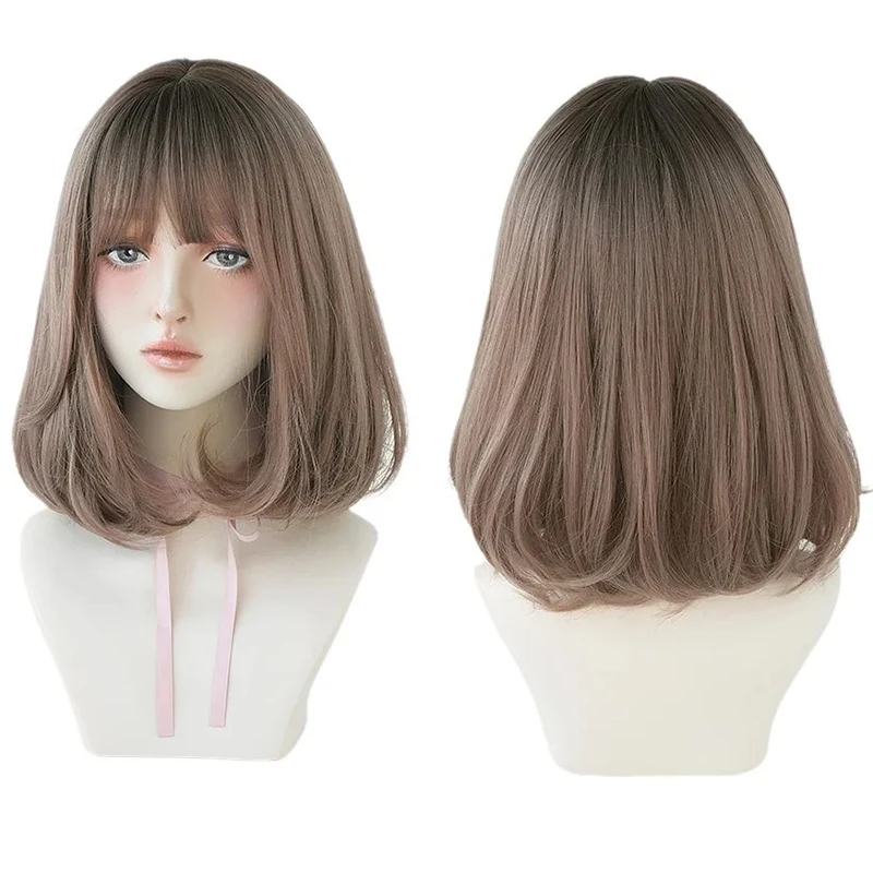 

Black brown linen gradient short hair, air bangs, synthetic fiber wig